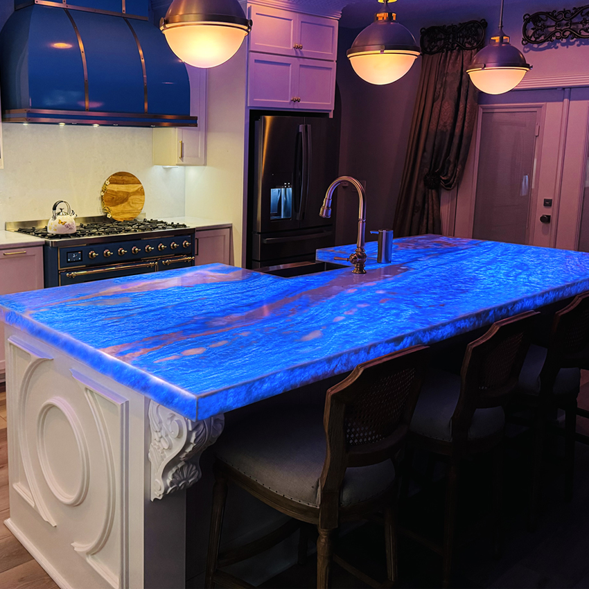 Backlit quartzite island kitchen in Miami Beach